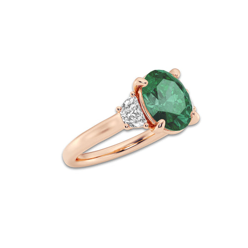 Begonia 10x8mm ctw Oval Cut Created Emerald and 1/2 ctw Lab Grown Diamond Three-Stone Engagement Ring 14K Rose Gold