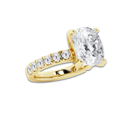 8.00 ctw Elongated Cushion Lab-Grown Diamond Split-Prong Set Side Stone Engagement Ring in 14K Yellow Gold for Women | Colorless E, VS1 Clarity, IGI Certified 7.00 ct Center Diamond