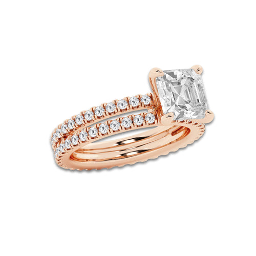 3.39 ctw Asscher Lab-Grown Diamond Double Row Diamond Engagement Ring in 14K Rose Gold for Women | Colorless E, VS1 Clarity, IGI Certified 2.50 ct Center Diamond