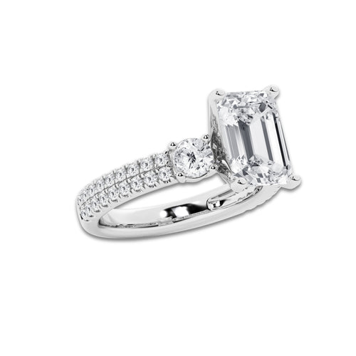 4.46 ctw Emerald Lab-Grown Diamond Three Stone Double Row Engagement Ring in 14K White Gold for Women | E Color, VS1 Clarity, IGI Certified 3.50 ct Center Diamond