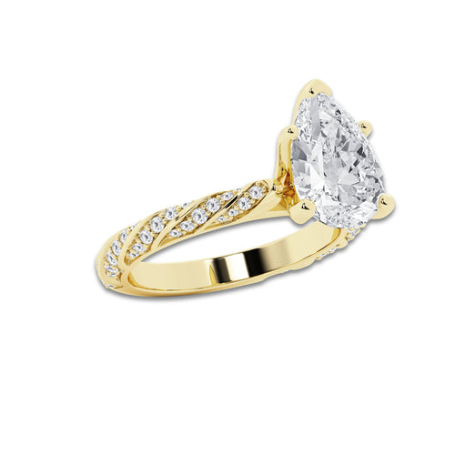 3.92 ctw Pear Lab-Grown Diamond Twisted Band Engagement Ring in 14K Yellow Gold for Women | Colorless E, VS1 Clarity, IGI Certified 3.50 ct Center Diamond