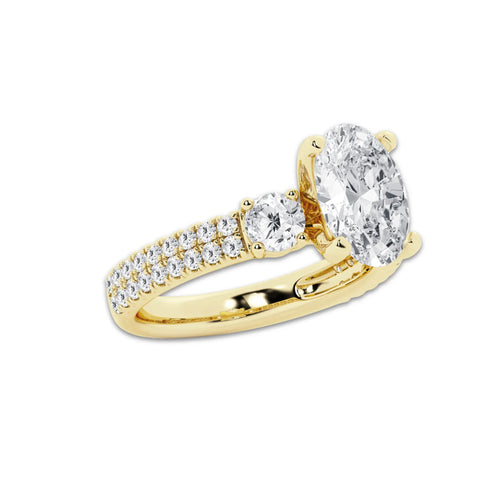 3.50 ctw Oval Lab-Grown Diamond Three Stone Double Row Engagement Ring in 14K Yellow Gold for Women | E Color, VS1 Clarity, IGI Certified 2.50 ct Center Diamond