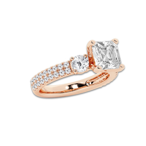3.50 ctw Asscher Lab-Grown Diamond Three Stone Double Row Engagement Ring in 14K Rose Gold for Women | D Color, VVS1 Clarity, IGI Certified 2.50 ct Center Diamond