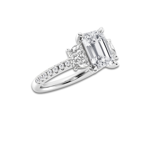 4 1/5 ctw Emerald Lab Grown Diamond Three-Stone Engagement Ring with Half Moon sides Platinum, E, VS1 | 3 ct Center