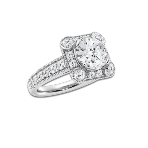 3 ctw Round Lab Grown Diamond Old Mine Cut Halo Engagement Ring in Milgrain Setting Platinum, EF, VS2 | 2 ct Center