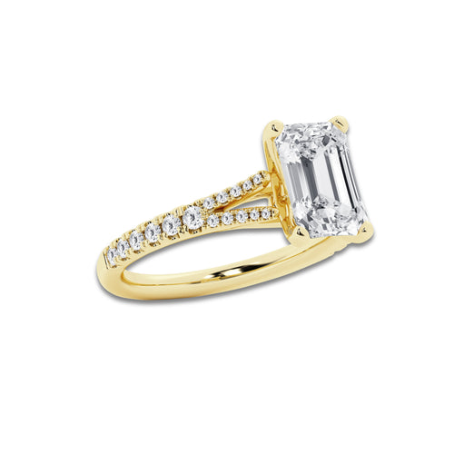 3.33 ctw Emerald Lab-Grown Diamond Split Shank Side Stone Engagement Ring in 14K Yellow Gold for Women | Colorless D, VVS1 Clarity, IGI Certified 3.00 ct Center Diamond
