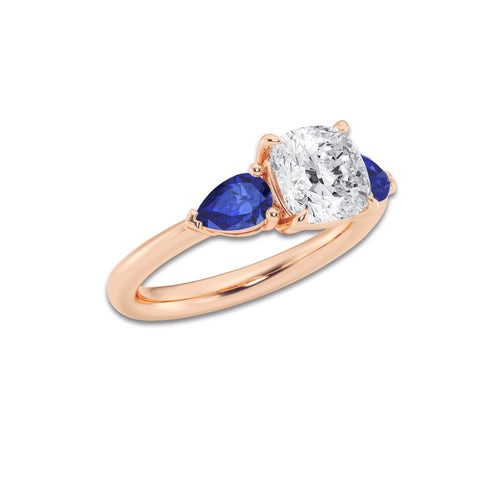 Valerie 2 ctw Cushion Lab Grown Diamond and 6.0x3.8 mm Pear Shape Created Sapphire Side Stone Engagement Ring 14K Rose Gold, D, VVS | IGI Certified, 2 ct Center
