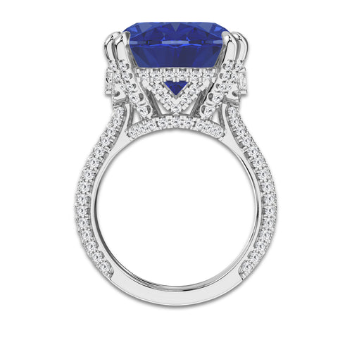16 1/2 ctw Elongated Cushion Cut Sapphire and Round Lab Grown Diamond Hidden Halo Engagement Ring with Half Moon Sides Platinum | 15 ct Center