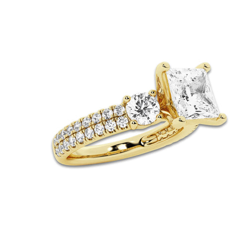 3.00 ctw Princess Lab-Grown Diamond Three Stone Double Row Engagement Ring in 14K Yellow Gold for Women | D Color, VVS1 Clarity, IGI Certified 2.00 ct Center Diamond