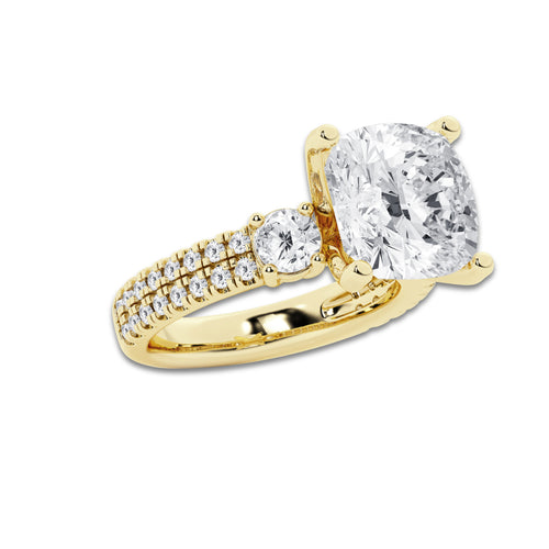 7.96 ctw Cushion Lab-Grown Diamond Three Stone Double Row Engagement Ring in 14K Yellow Gold for Women | E Color, VS1 Clarity, IGI Certified 7.00 ct Center Diamond