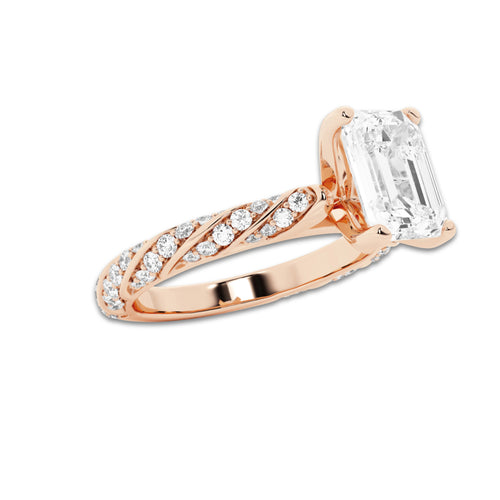 1.94 ctw Emerald Lab-Grown Diamond Twisted Band Engagement Ring in 14K Rose Gold for Women | Colorless E, VS1 Clarity, IGI Certified 1.50 ct Center Diamond