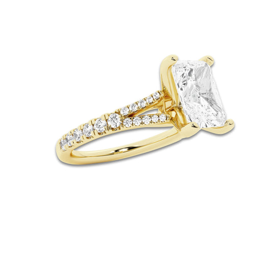 1.83 ctw Radiant Lab-Grown Diamond Split Shank Side Stone Engagement Ring in 14K Yellow Gold for Women | Colorless E, VS1 Clarity, IGI Certified 1.50 ct Center Diamond