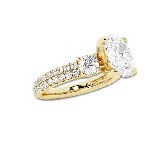 2.25 ctw Oval Lab-Grown Diamond Three Stone Double Row Engagement Ring in 14K Yellow Gold for Women | D Color, VVS1 Clarity, IGI Certified 1.50 ct Center Diamond