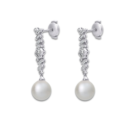 8 mm Akoya Pearl and 1/2 ctw Lab Grown Diamond Dangle Earrings 14K White Gold, Akoya