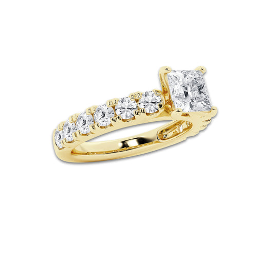 2.00 ctw Princess Lab-Grown Diamond Split-Prong Set Side Stone Engagement Ring in 14K Yellow Gold for Women | Colorless E, VS1 Clarity, IGI Certified 1.00 ct Center Diamond