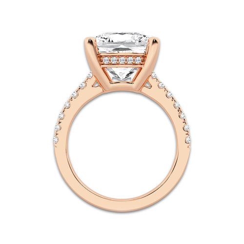 6.37 ctw Cushion Lab-Grown Diamond Hidden Halo Side Stone Engagement Ring in 18K Rose Gold for Women | Colorless E, VS1 Clarity, IGI Certified 6.00 ct Center Diamond