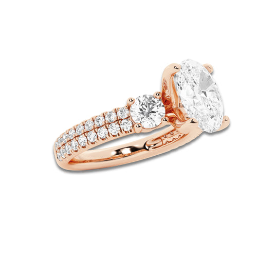 1.75 ctw Oval Lab-Grown Diamond Three Stone Double Row Engagement Ring in 14K Rose Gold for Women | E Color, VS1 Clarity, IGI Certified 1.00 ct Center Diamond