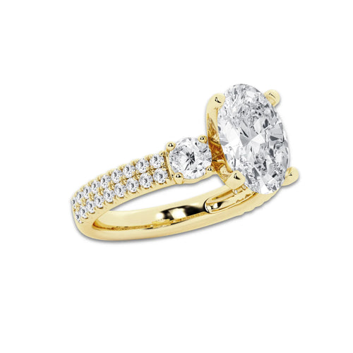 4.00 ctw Oval Lab-Grown Diamond Three Stone Double Row Engagement Ring in 14K Yellow Gold for Women | E Color, VS1 Clarity, IGI Certified 3.00 ct Center Diamond