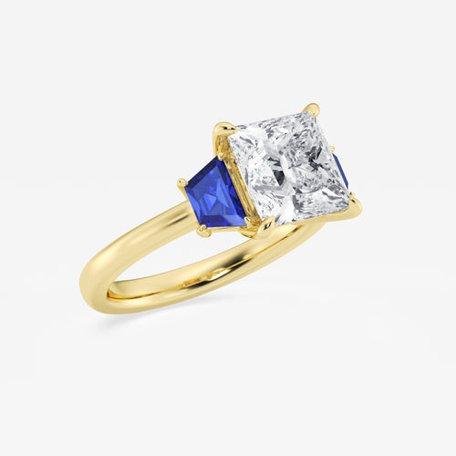 Camellia 3 ctw Princess Lab Grown Diamond and 5.5x3.3x2.2 mm Trapezoid Created Sapphire Three-Stone Ring 14K Yellow Gold, E, VS1 | IGI Certified, 3 ct Center
