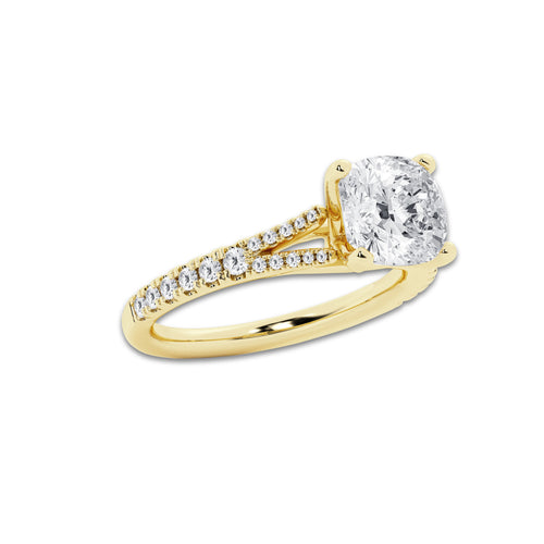 2.83 ctw Cushion Lab-Grown Diamond Split Shank Side Stone Engagement Ring in 14K Yellow Gold for Women | Colorless E, VS1 Clarity, IGI Certified 2.50 ct Center Diamond