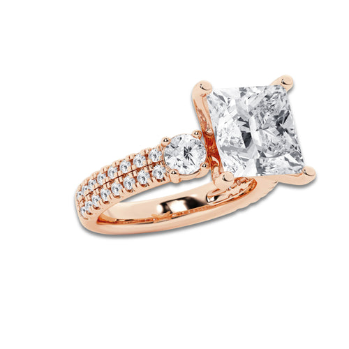 6.96 ctw Princess Lab-Grown Diamond Three Stone Double Row Engagement Ring in 14K Rose Gold for Women | D Color, VVS1 Clarity, IGI Certified 6.00 ct Center Diamond