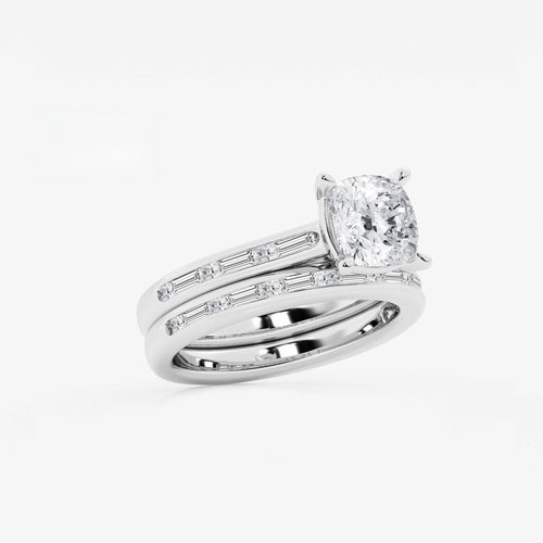Synergy 2 3/4 ctw Cushion Lab Grown Diamond Baguette and Princess Side Stone Bridal Set 14K White Gold, E, VS1 | IGI Certified, 2 ct Center