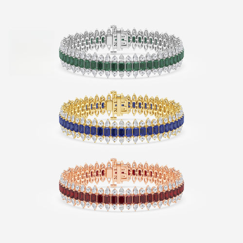 14 1/2 Emerald Cut Created Sapphire and Round and Pear Lab Grown Diamond Bracelet - 7 Inches 14K White Gold