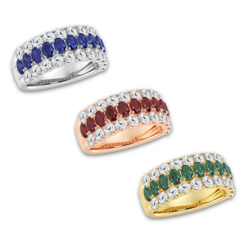 Three Row 3.9x2.8 mm Oval Cut Created Emerald and 1 1/2 ctw Round Lab Grown Diamond Three Row Ring 14K Rose Gold