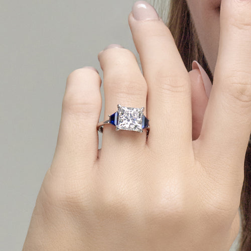 Camellia 3 ctw Princess Lab Grown Diamond and 5.5x3.3x2.2 mm Trapezoid Created Sapphire Three-Stone Ring Platinum, E, VS1 | IGI Certified, 3 ct Center