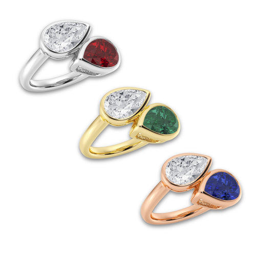 Pear Duo 12.4x7.7 mm Pear Cut Created Emerald and 2 ctw Pear Lab Grown Diamond Bypass Two Stone Ring 14K Rose Gold