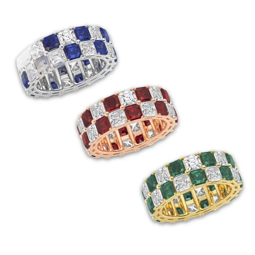Celeste 3.6x3.6 mm Asscher Cut Created Emerald and 5 1/2 ctw Asscher Lab Grown Diamond Alternating Two Row Eternity Band - 7.4mm Width 14K Rose Gold
