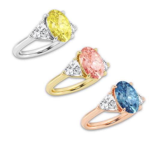 4 1/3 ctw Fancy Blue Oval Lab Grown Diamond Three Stone Engagement Ring Platinum | 3 ct Center