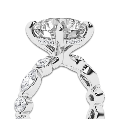 4 3/4 ctw Cushion Lab Grown Diamond Hidden Halo Alternating Round and Marquise Eternity Engagement Ring Platinum, D, VVS | 3 ct Center