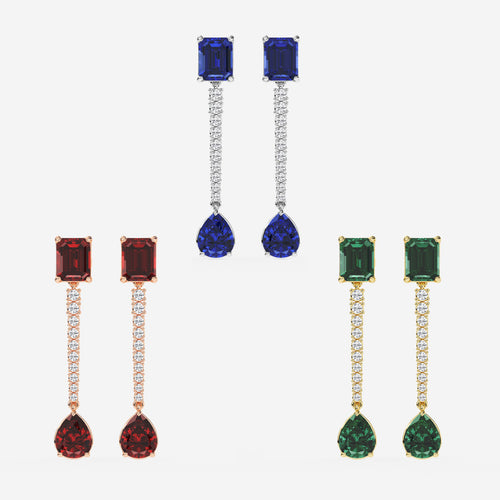 9X7mm Emerald Cut, 10x8mm Pear Cut Created Emerald and 3/4 ctw Round Lab Grown Diamond Linear Earrings 14K Rose Gold