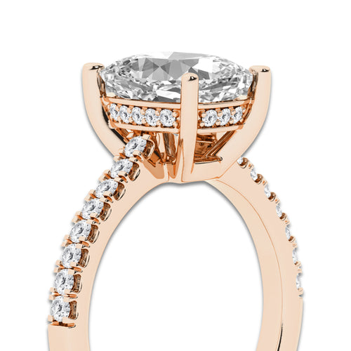 3.28 ctw Elongated Cushion Lab-Grown Diamond Hidden Halo Side Stone Engagement Ring in 18K Rose Gold for Women | Colorless E, VS1 Clarity, IGI Certified 3.00 ct Center Diamond