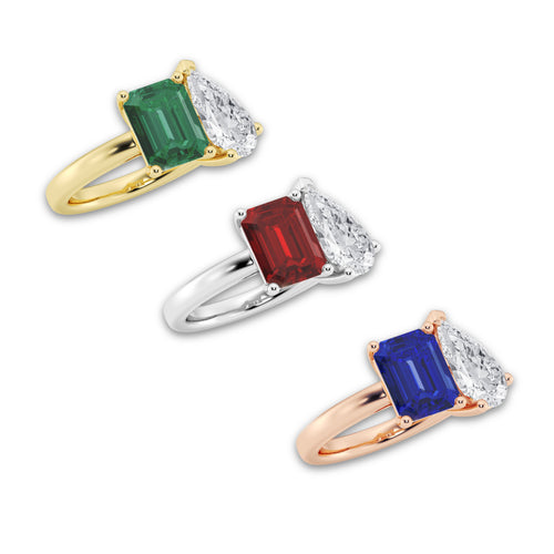 Sloane 9x7mm Created Emerald and 2 1/2 Pear Cut Lab Grown Diamond Two Stone Engagement Ring 14K Rose Gold