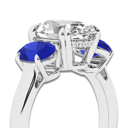3 7/8 ctw Oval Lab Grown Diamond and Oval Cut Sapphire Three-Stone Hidden Halo Engagement Ring Platinum, E, VS1 | 3 ct Center