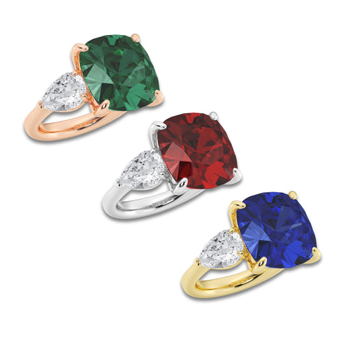 Peony 14 1/2 ctw Cushion Cut Emerald and Pear Lab Grown Diamond Three Stone Engagement Ring 14K Rose Gold | 12 1/2 ct Center