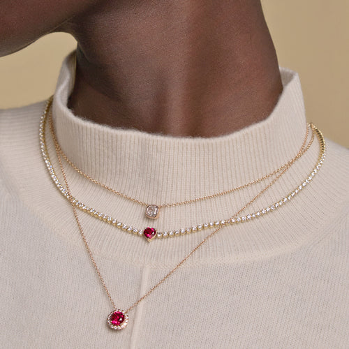 5.9 mm Heart Shaped Created Ruby and 6 5/8 ctw Round Lab Grown Diamond Necklace 14K Rose Gold