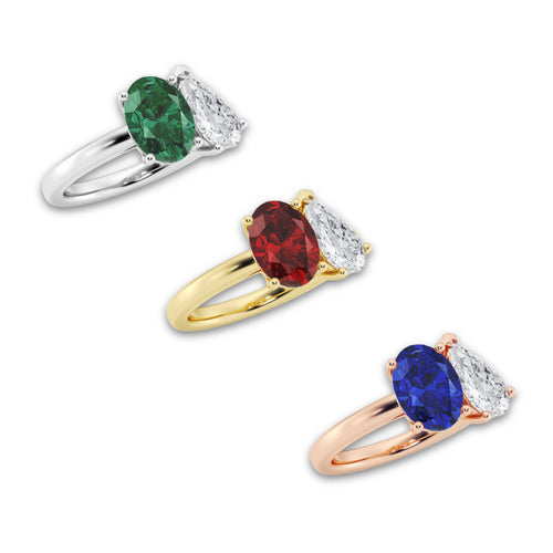 Sloane 9x7mm Oval Cut Created Emerald and 1 1/2 ctw Pear Cut Lab Grown Diamond Two Stone Engagement Ring 14K Rose Gold
