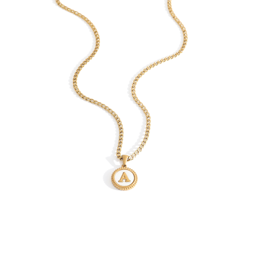 Mother of Pearl Disc Letter Necklace with Cuban Chain