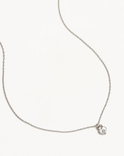 White Gold Vermeil Crystal Lotus Heart Padlock Necklace