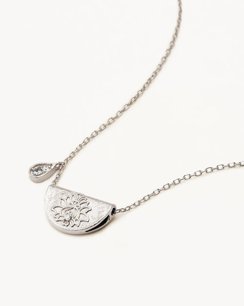 White Gold Vermeil Lotus Birthstone Necklace - March - Aquamarine