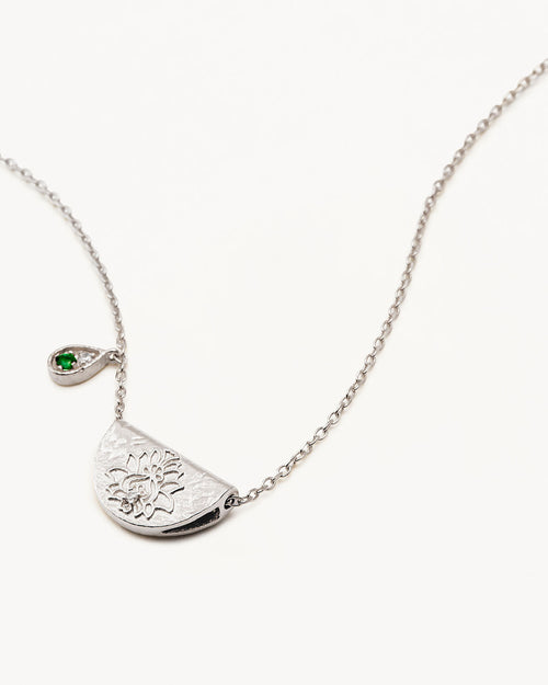 White Gold Vermeil Lotus Birthstone Necklace - May - Emerald