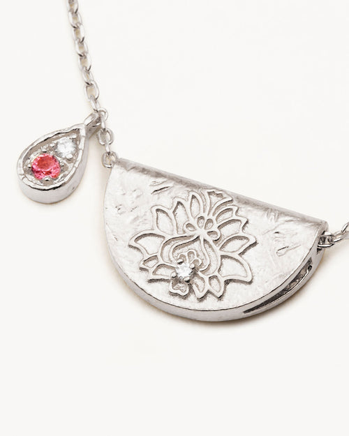 White Gold Vermeil Lotus Birthstone Necklace - October - Pink Tourmaline