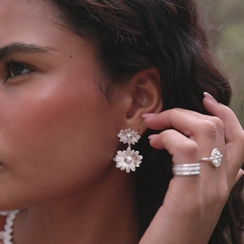 Recycled Silver Double Flower Drop Earrings
