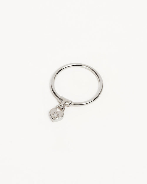 White Gold Vermeil Crystal Lotus Heart Padlock Ring